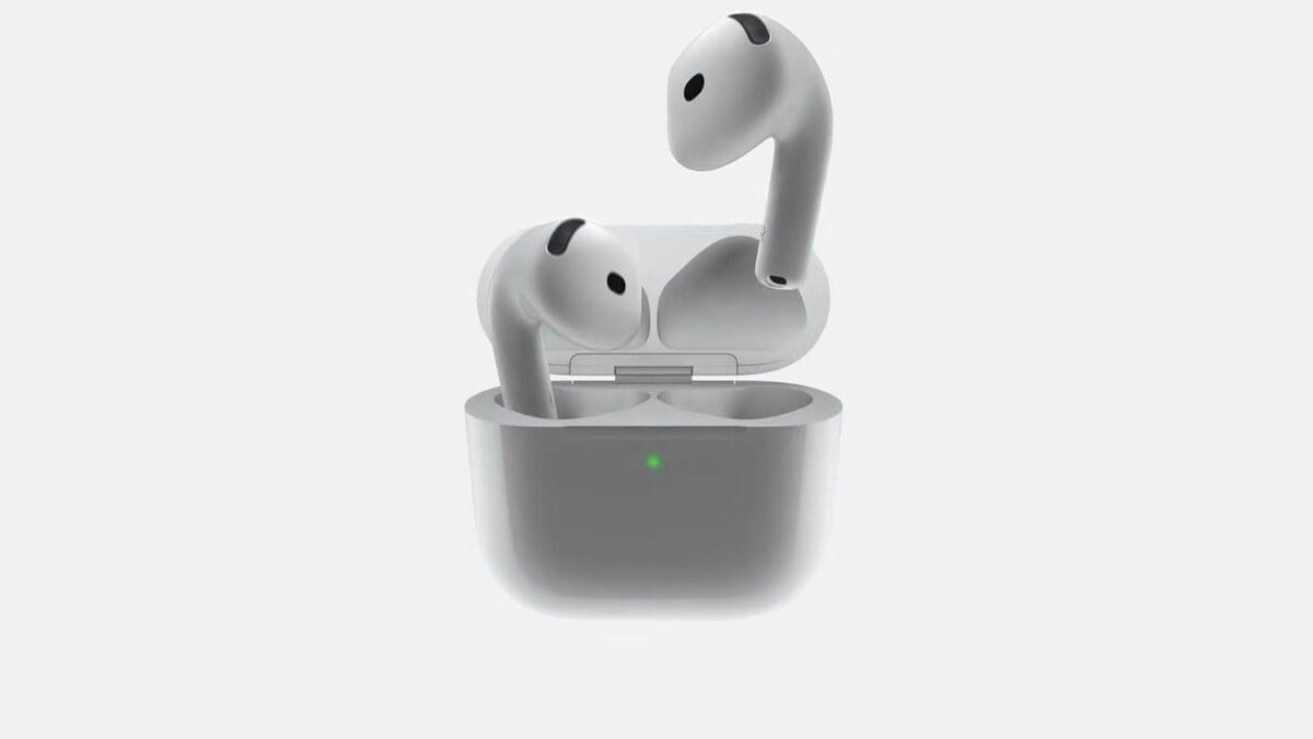 Apple AirPods 5 earbuds and charging case shown in the official product image