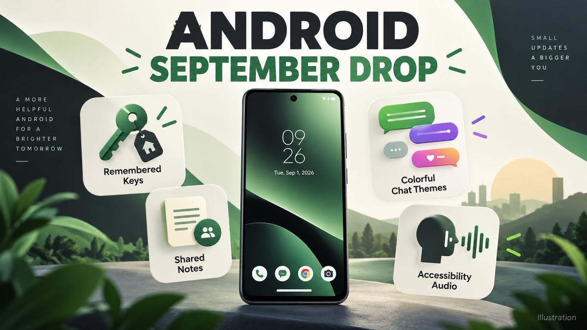 Illustration of an Android phone with icons for remembered items, shared notes, chat themes and accessibility