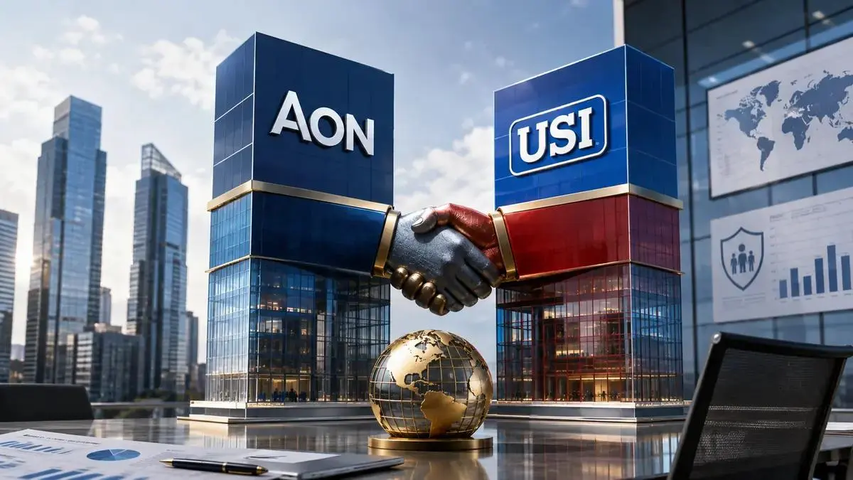 Aon and USI corporate towers joined by a handshake representing their acquisition deal
