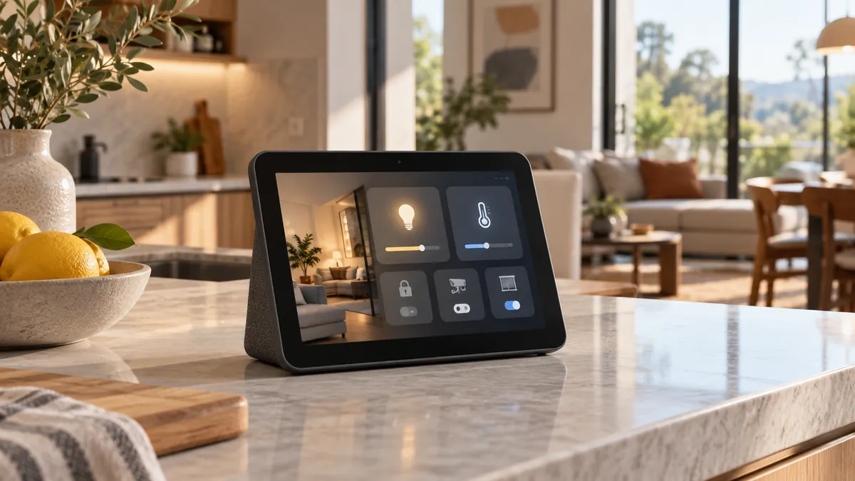 A smart-home display on a table with connected lights and home controls