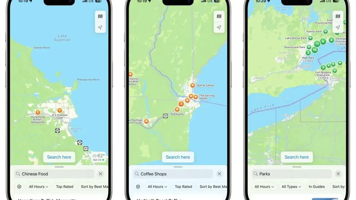 Apple Maps displayed on smartphones showing North American lake regions