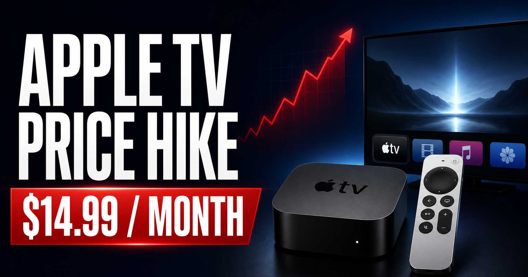 Apple TV price hike graphic showing the $14.99 monthly plan beside an Apple TV device and remote