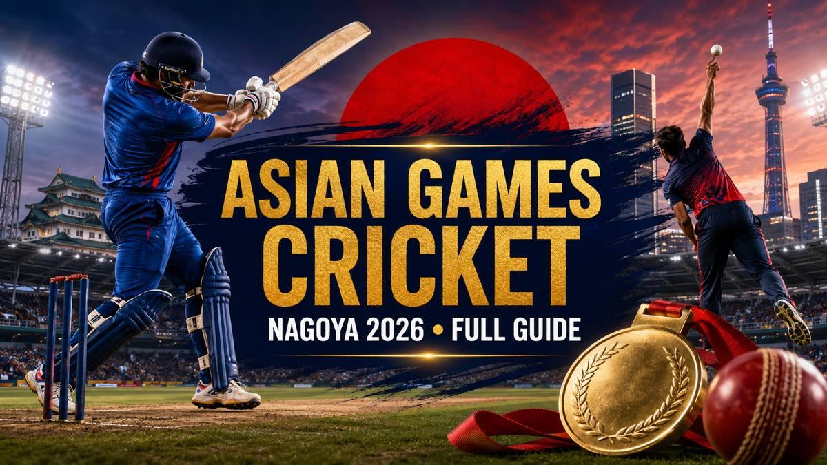 Cricket players in a Japanese stadium with a gold medal and Nagoya skyline