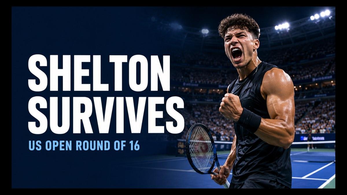 Editorial illustration of a tennis player celebrating under stadium lights after reaching the US Open round of 16