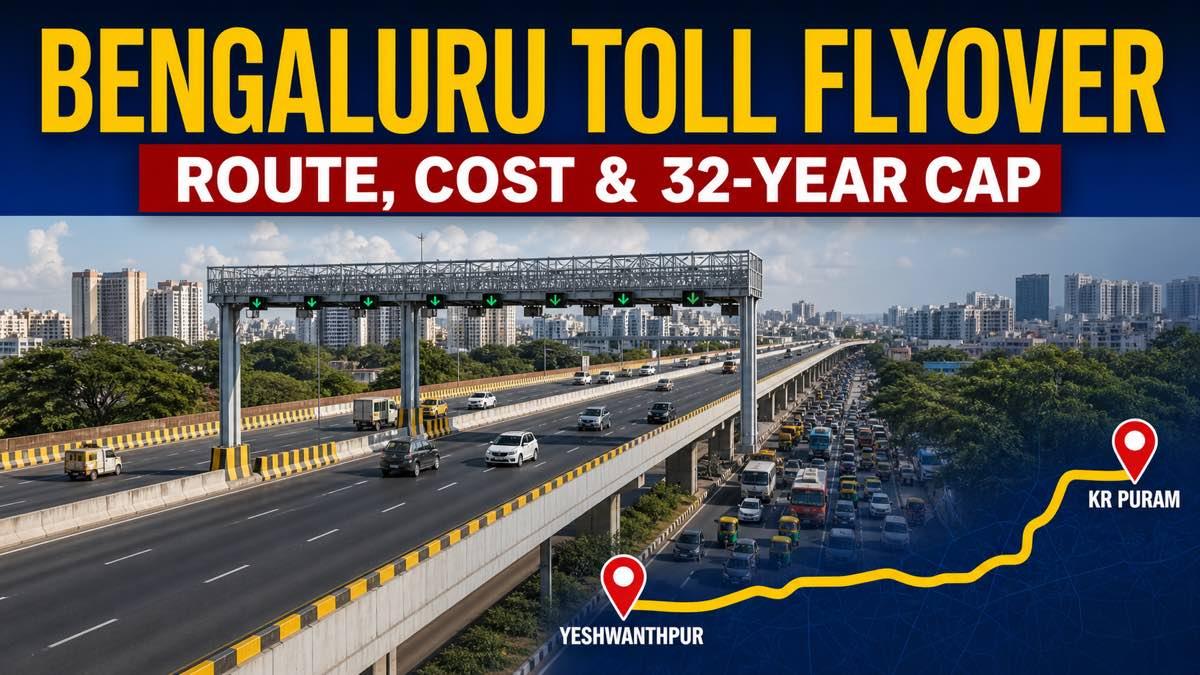Elevated road above Bengaluru traffic with a toll gate and route map from Yeshwanthpur to KR Puram