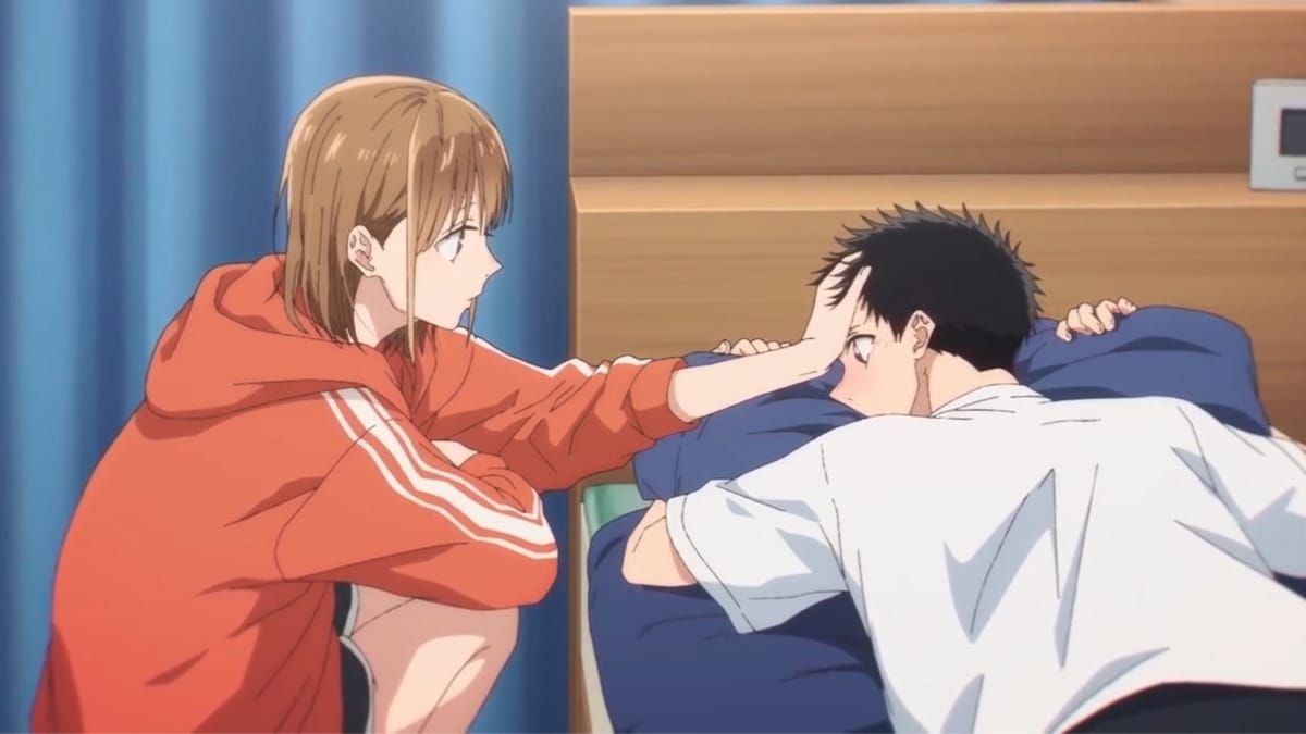 Chinatsu Kano checking on Taiki Inomata in a real still from the Blue Box anime