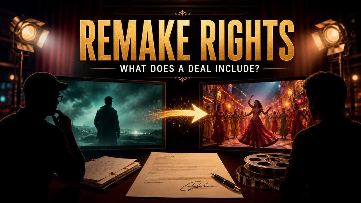Film scripts and cinema screens illustrating an official Bollywood remake deal