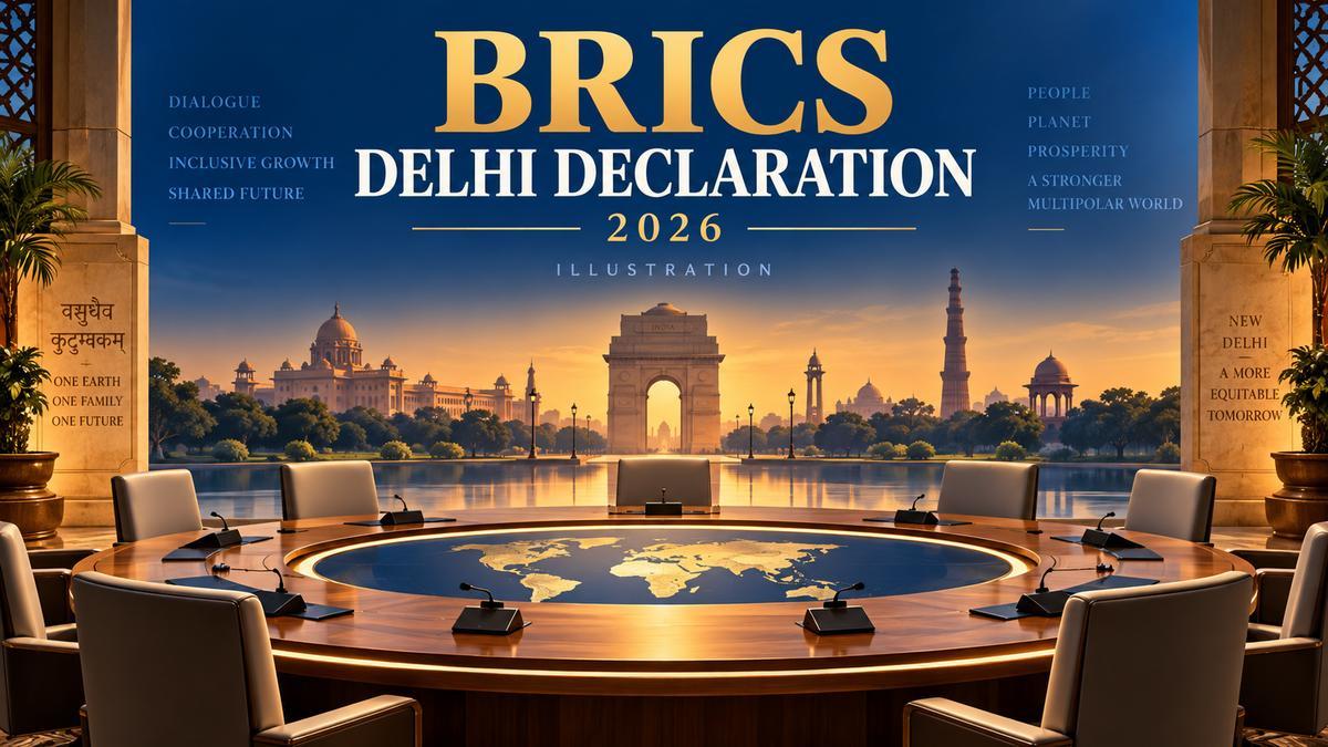 Illustration of a diplomatic conference table and New Delhi landmarks for the BRICS declaration