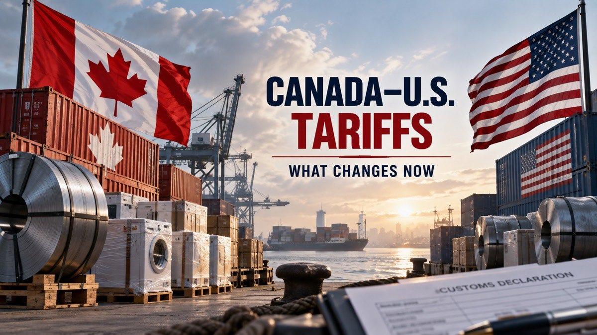 Canadian and United States flags above shipping containers and steel coils representing new counter-tariffs