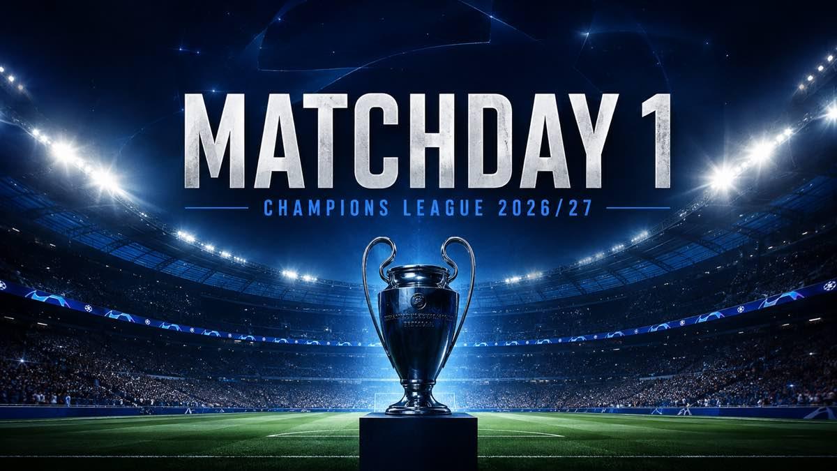 European football stadium under lights before Champions League Matchday 1