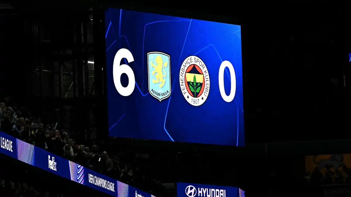 The stadium scoreboard showing Aston Villa’s 6–0 win over Fenerbahçe