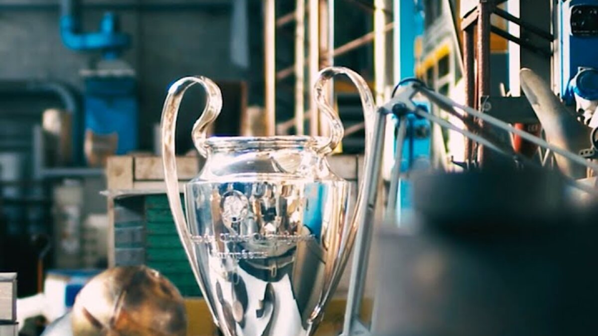The UEFA Champions League trophy inside the workshop where it is made