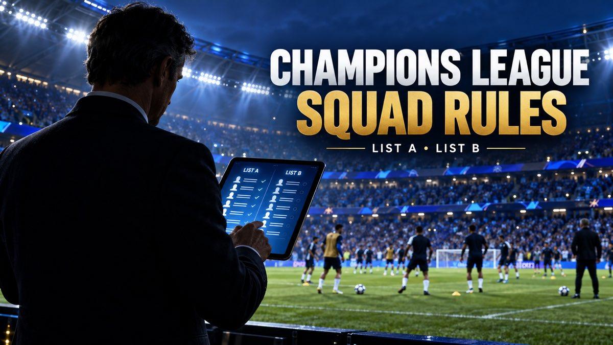 Football manager reviewing a Champions League squad list inside a modern stadium