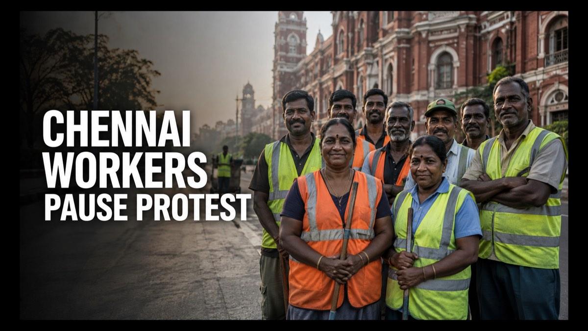 Fictional Chennai sanitation workers standing outside a civic building after pausing a protest