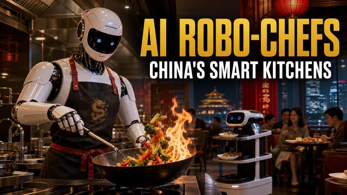 Humanoid robot chef stir-frying vegetables in a modern restaurant kitchen