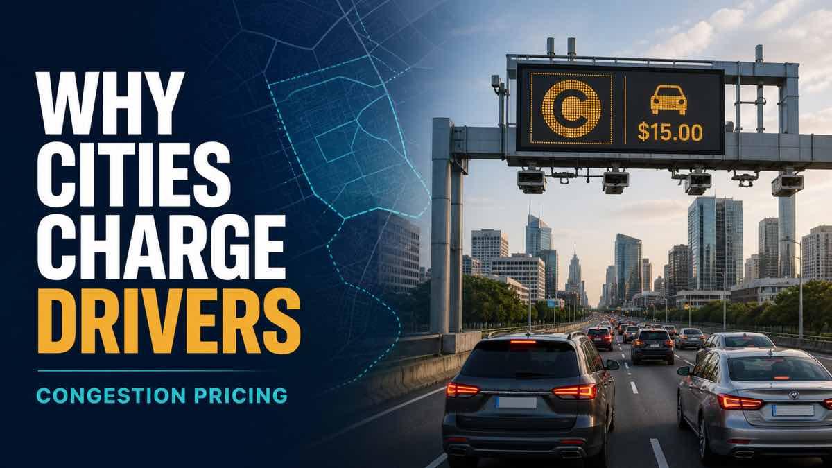 Cars approaching an electronic congestion-pricing zone in a busy city centre