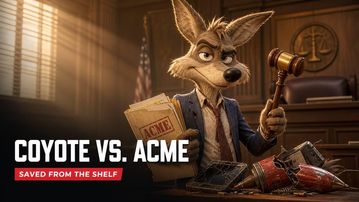 Wile E. Coyote-style silhouette and a courtroom gavel in a desert movie-poster scene
