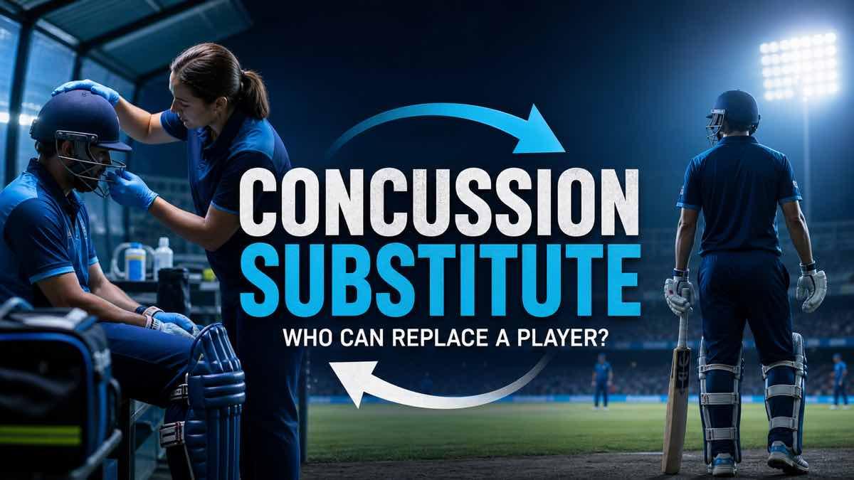 Cricketer receiving a head-injury assessment beside a substitute player