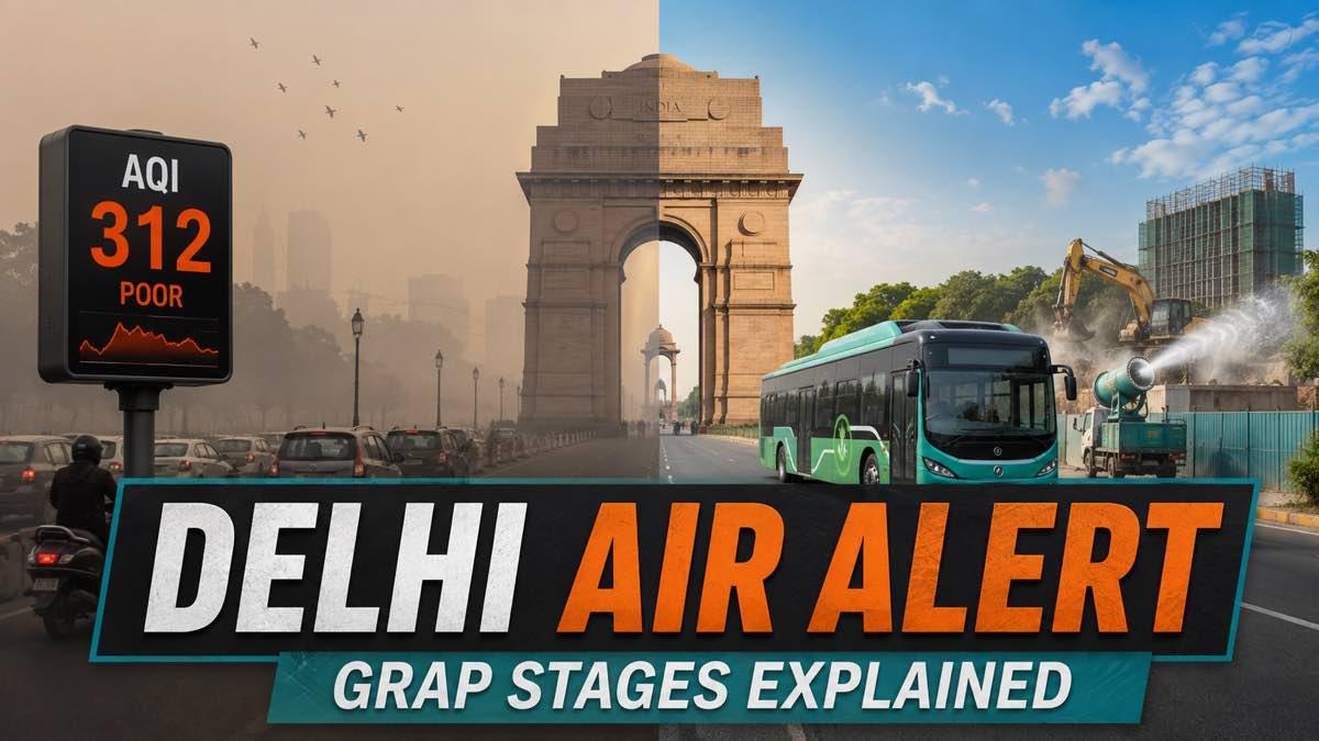 Delhi skyline changing from polluted haze to clear air with an AQI monitor