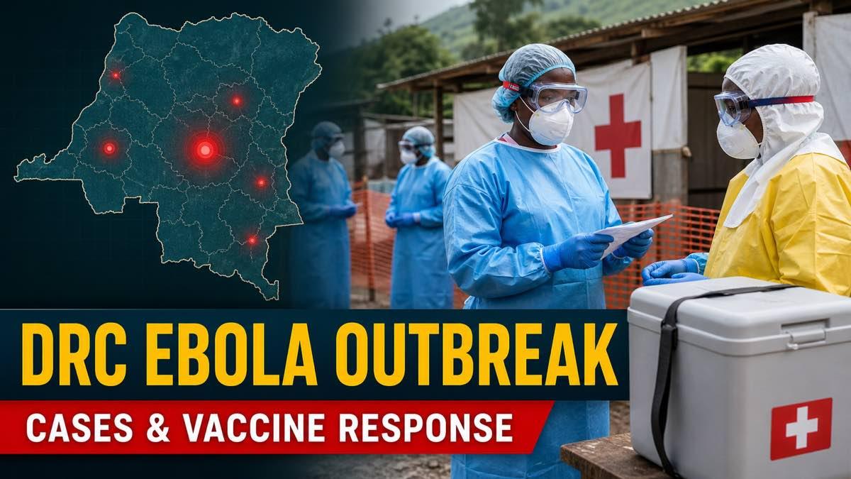 Health workers in protective equipment at an Ebola treatment centre with a map of eastern Congo