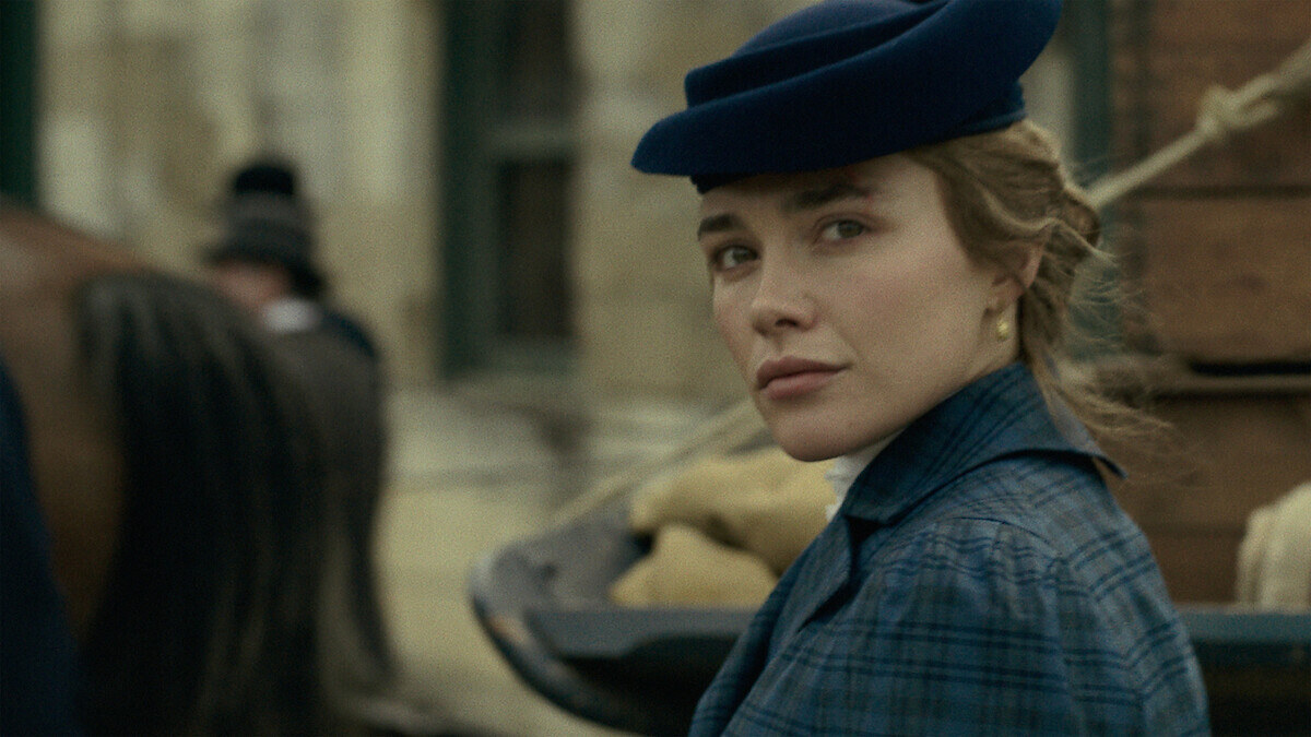 Florence Pugh as Cathy Ames looking over her shoulder in an official still from Netflix's East of Eden