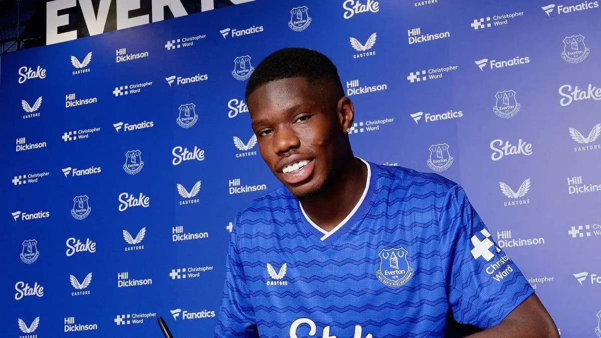 Everton striker Thierno Barry wearing the club's blue home shirt