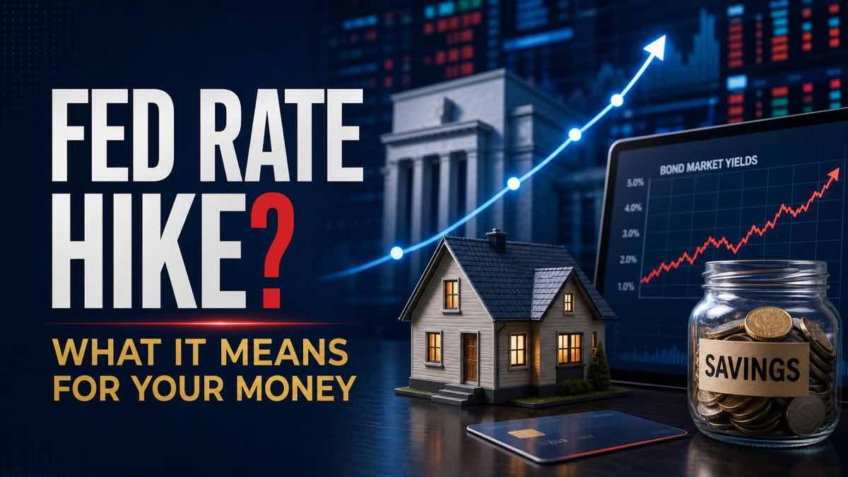 Interest-rate chart beside a house, savings jar and market screen