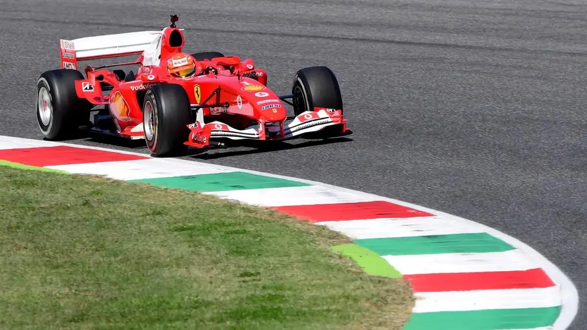 Mick Schumacher driving Michael Schumacher's Ferrari F2004 during a display run