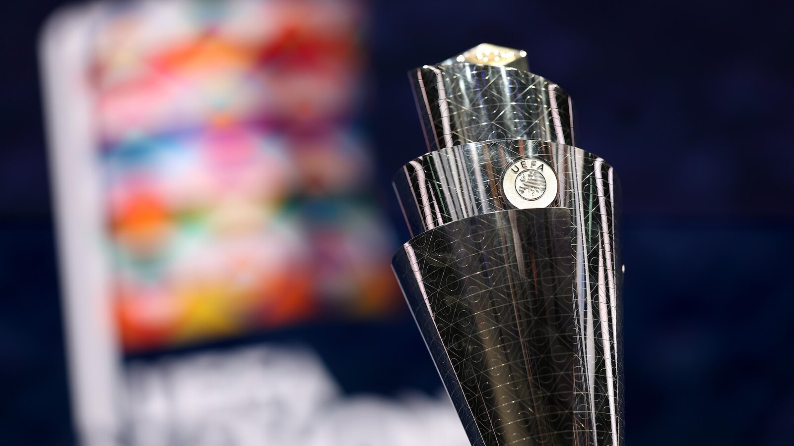 The UEFA Nations League trophy displayed at the official draw for the 2026-27 league phase