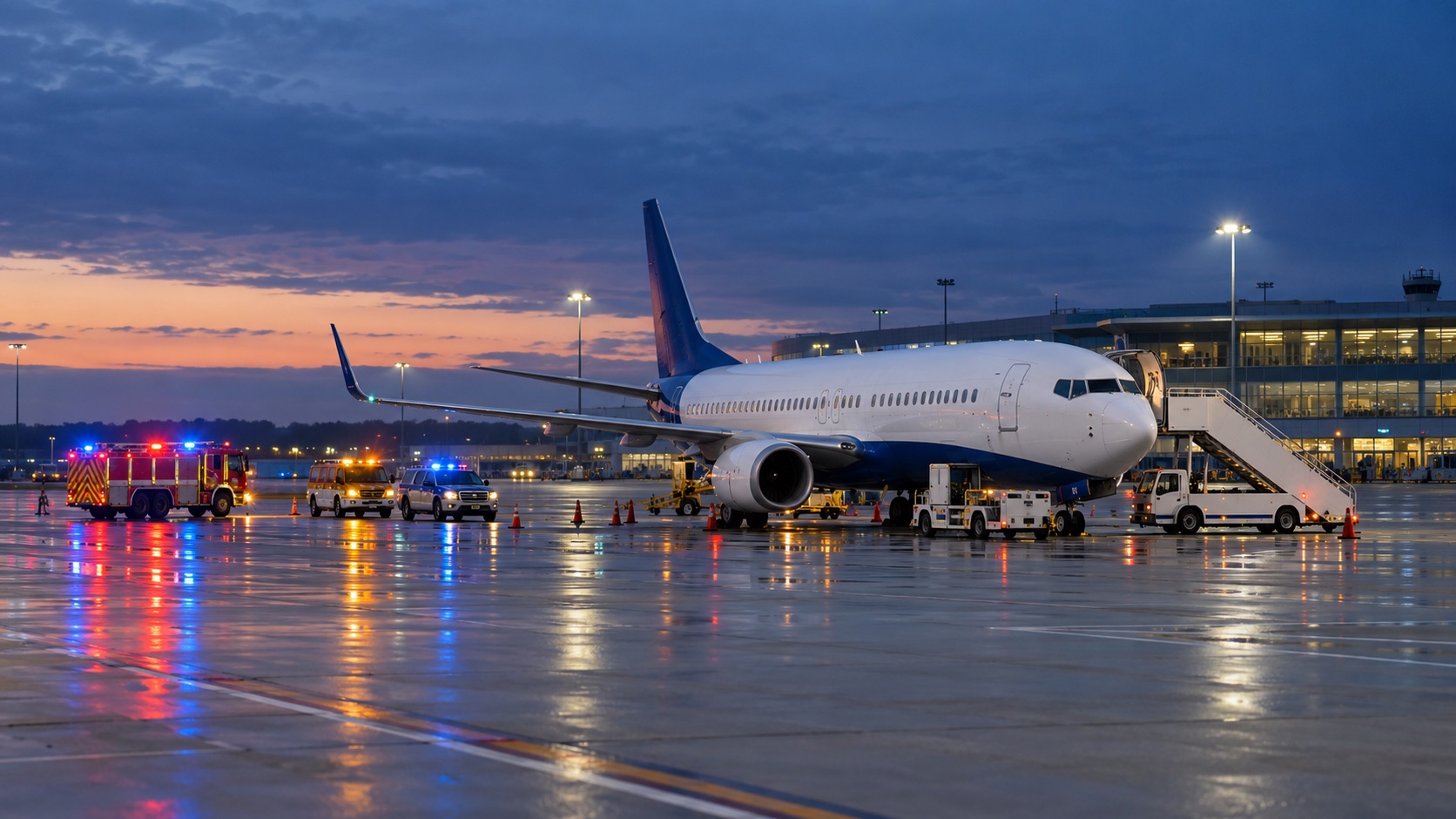 Generic passenger aircraft at an airport stand with emergency vehicles at dusk; illustrative image
