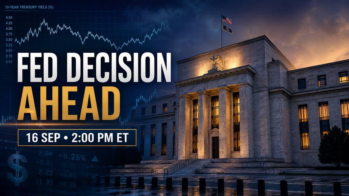 Federal Reserve building with market chart and September meeting date
