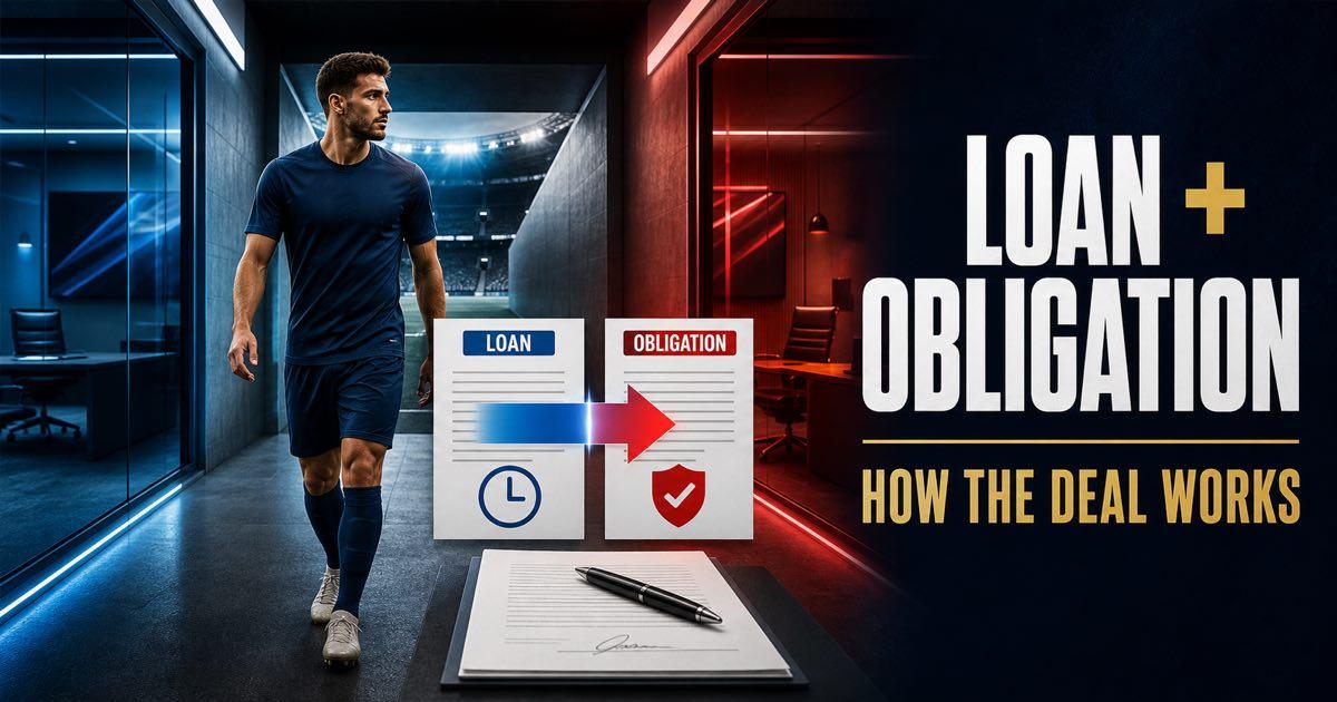 Football player signing documents between two club offices linked by transfer arrows