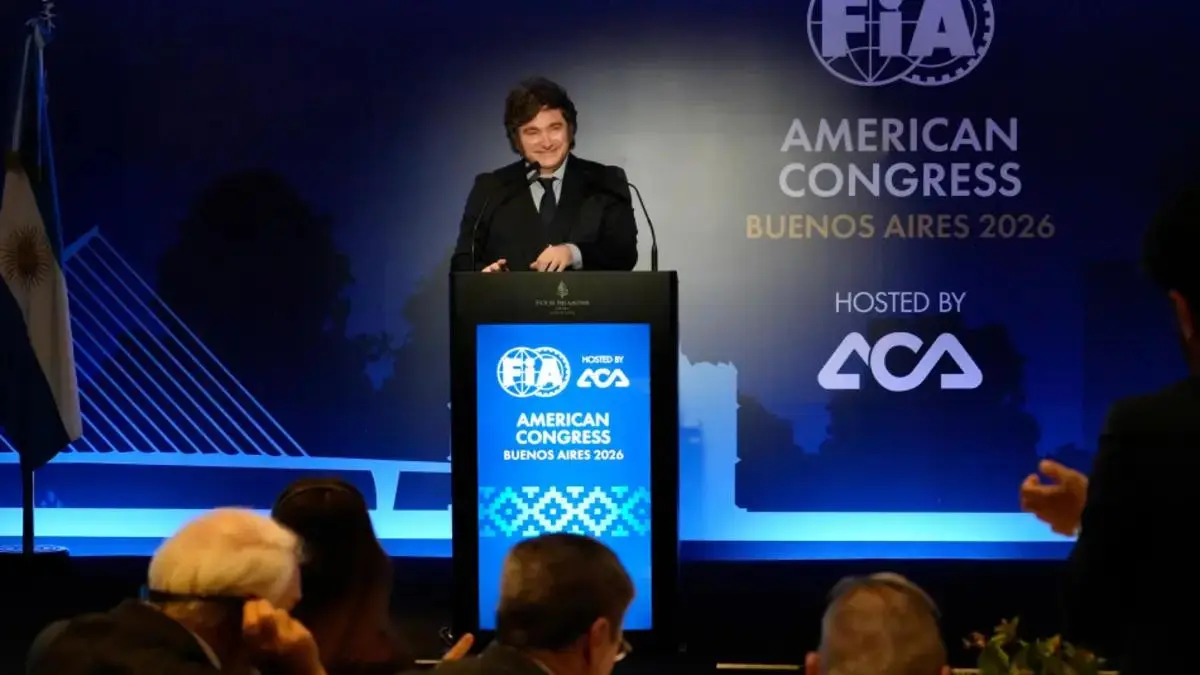 Argentina President Javier Milei speaking at the 2026 FIA American Congress in Buenos Aires