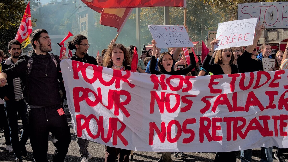 Students gathered outside a school during a protest in France