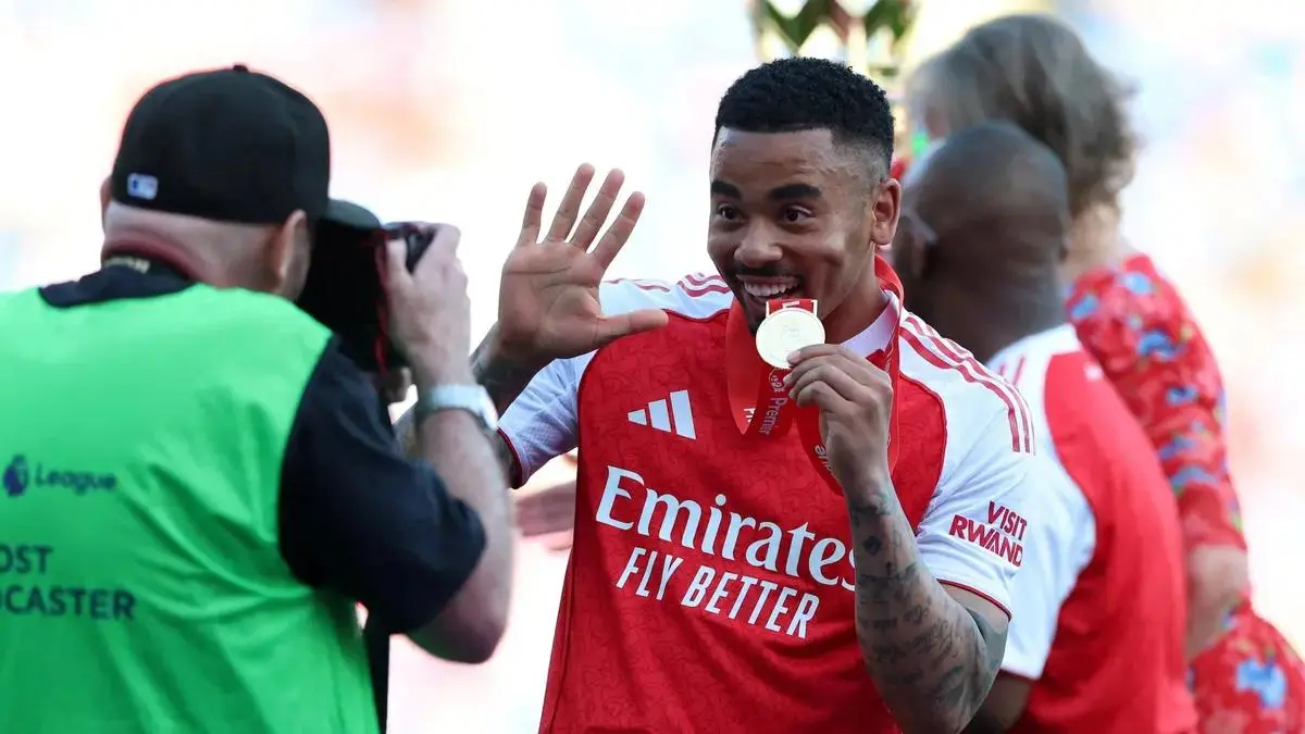 Gabriel Jesus celebrating with Arsenal after the 2025-26 Premier League season