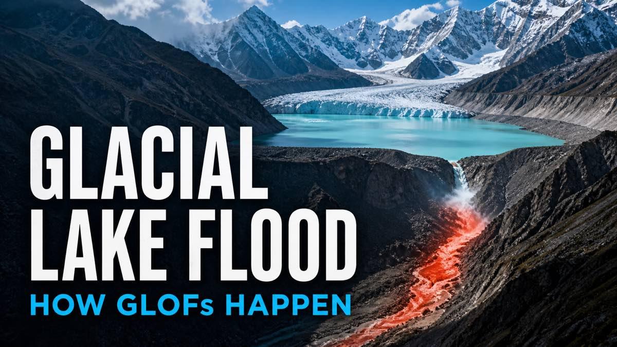 Mountain glacial lake above a valley with an illustrated flood warning route