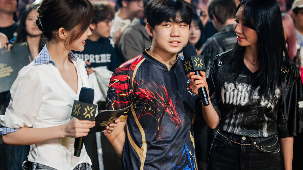 Global Esports player UdoTan being interviewed on stage after the team's Day 8 victory at Valorant Champions Shanghai