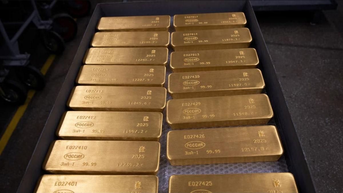 Pure gold bars inside a precious metals production facility