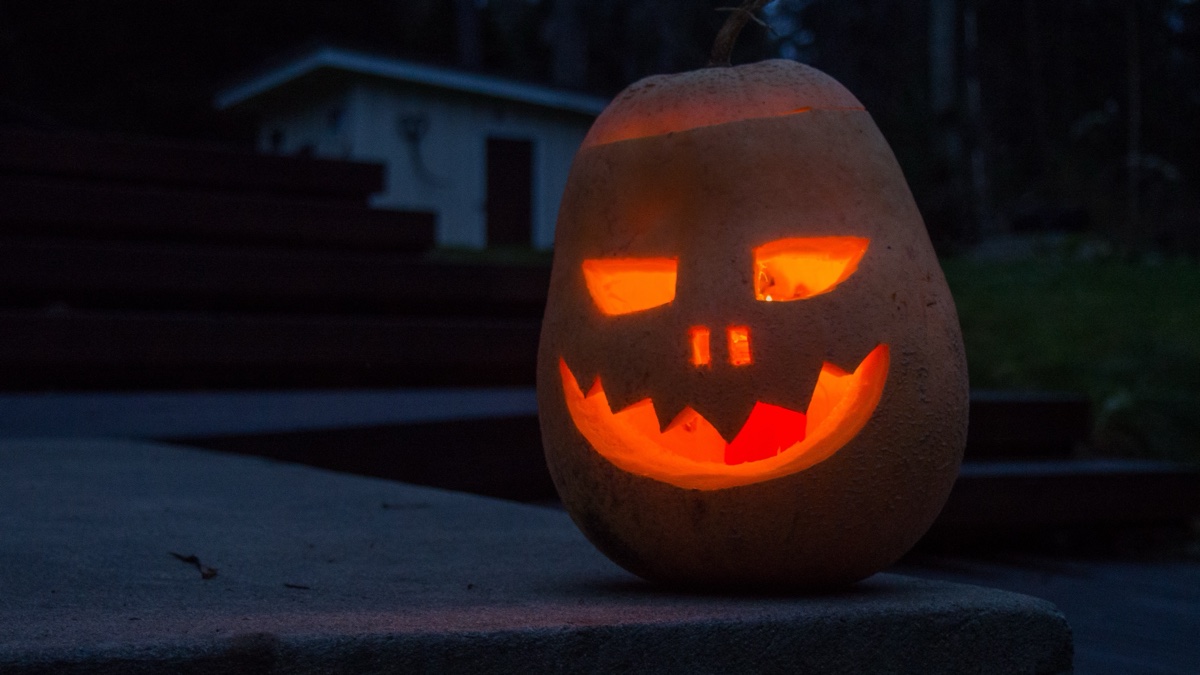 An illuminated carved pumpkin used as a Halloween jack-o'-lantern