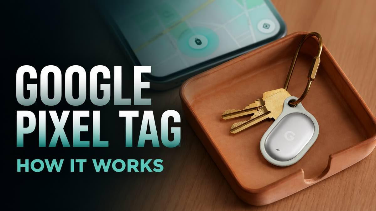 A small silver Google Pixel Tag attached to keys beside an Android phone showing a location map