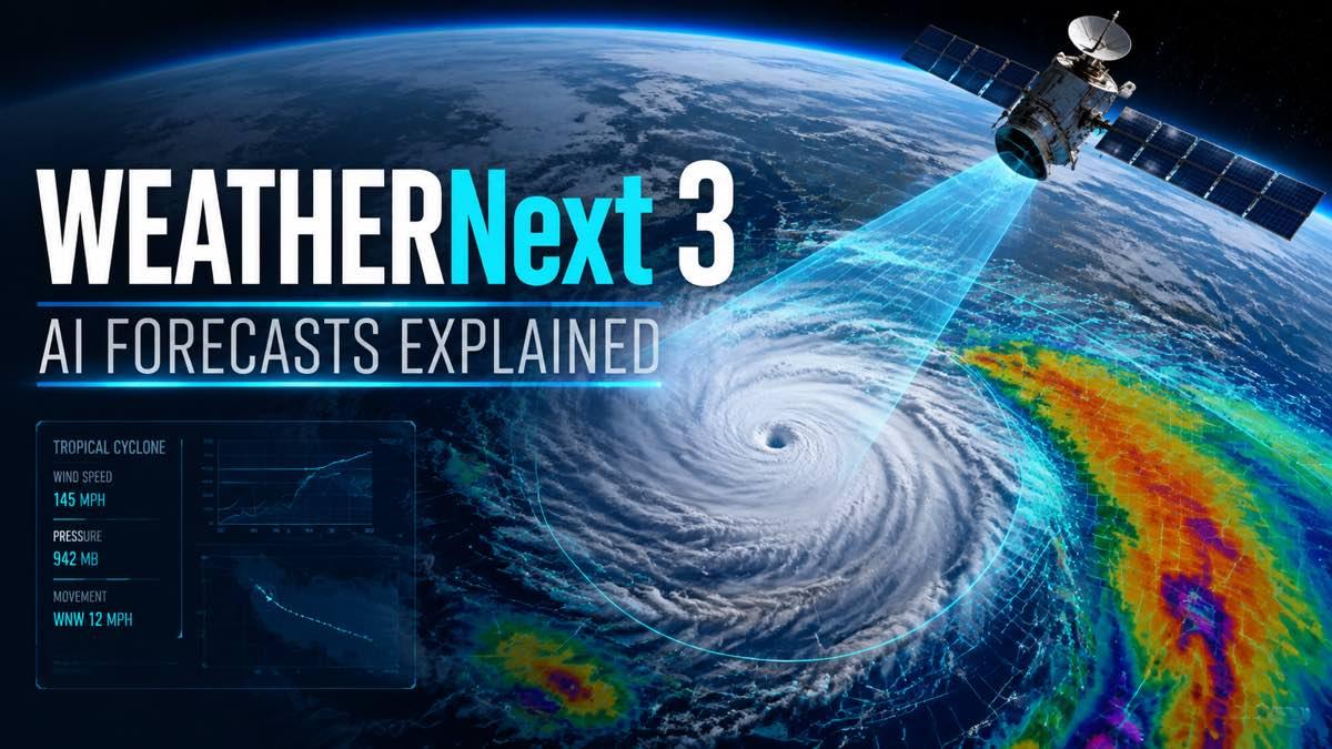 Weather satellite viewing a storm system for an artificial intelligence forecast
