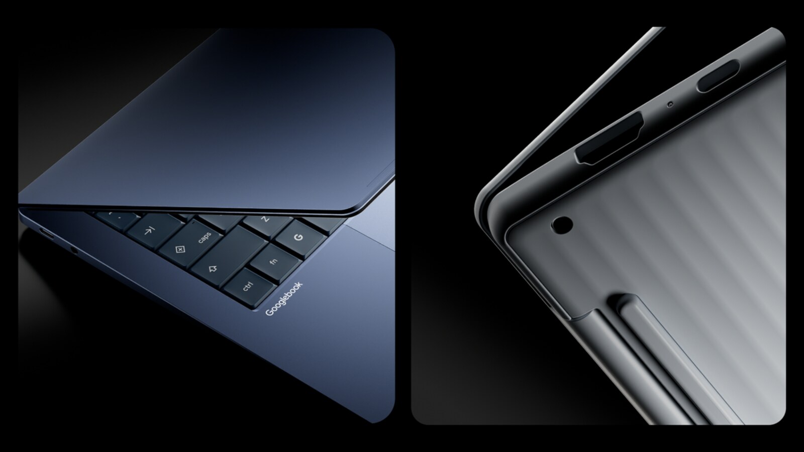 Official Google product image showing the Googlebook laptop and its slim metallic design