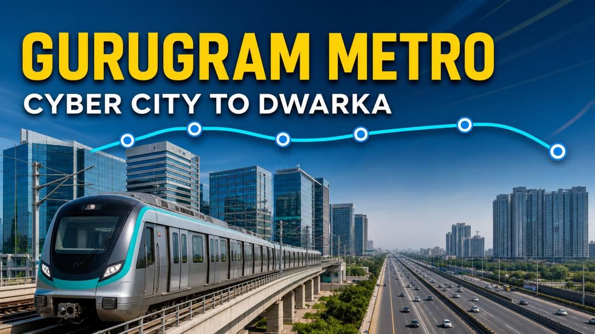 Modern elevated Gurugram Metro train with a route map linking Cyber City and Dwarka Expressway