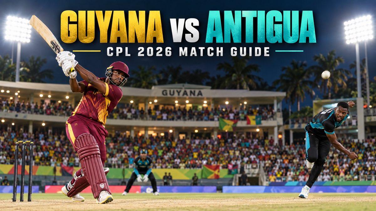 Two Caribbean T20 cricketers batting and bowling under floodlights in Guyana