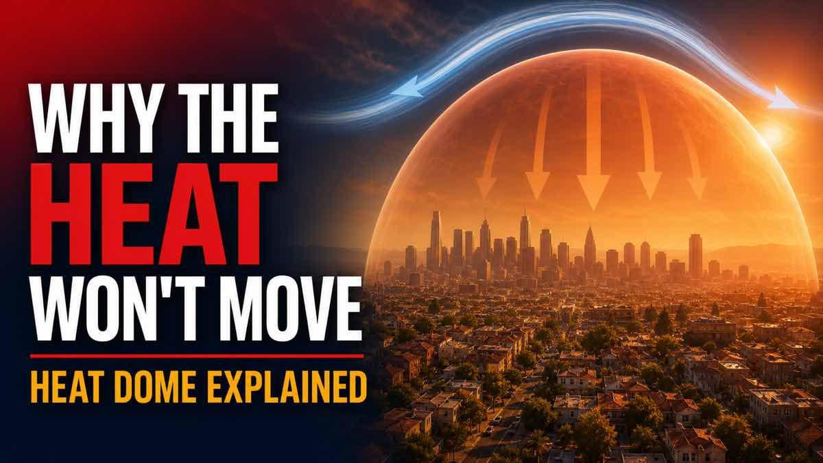 A high-pressure heat dome trapping hot air above a city during an extreme heat warning