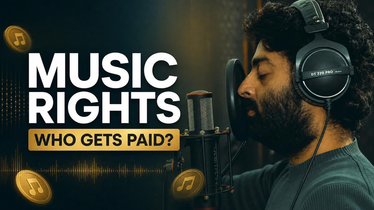Singer recording at a studio microphone beside a music-rights revenue graphic
