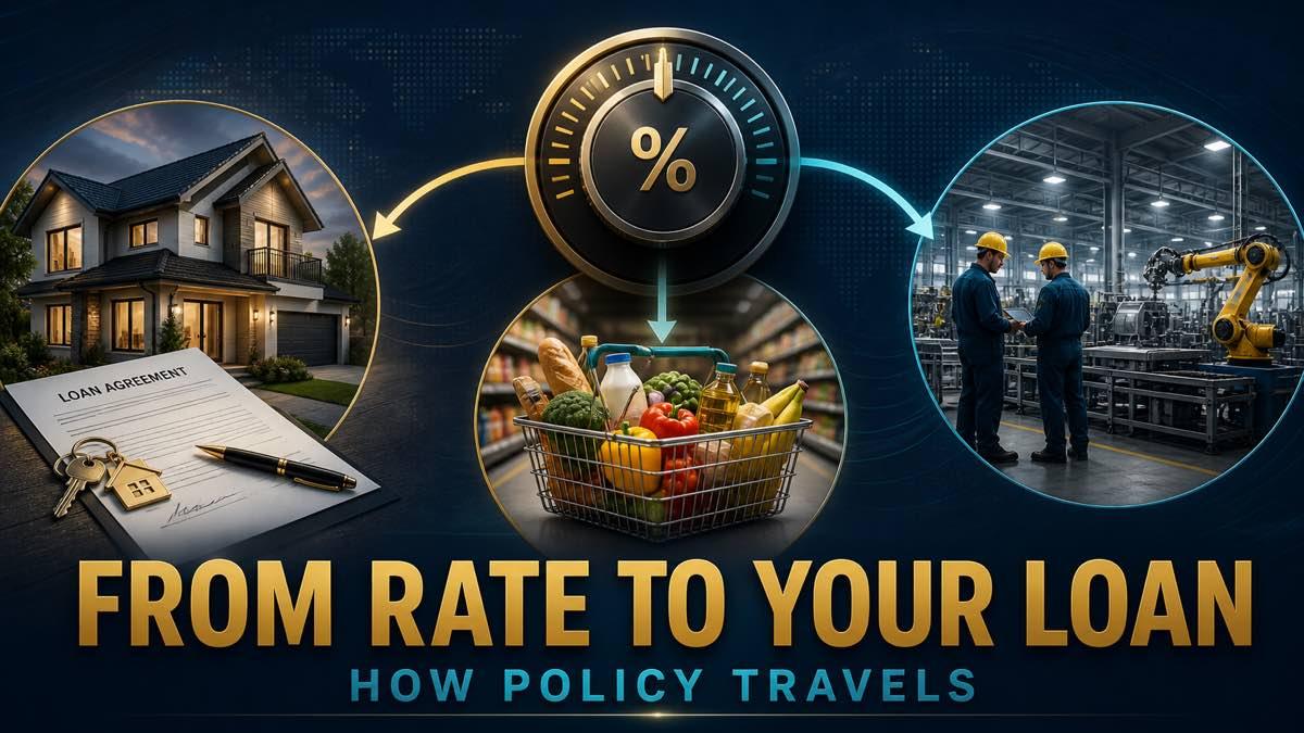 Interest rate dial connected by arrows to a home loan, shopping basket and factory