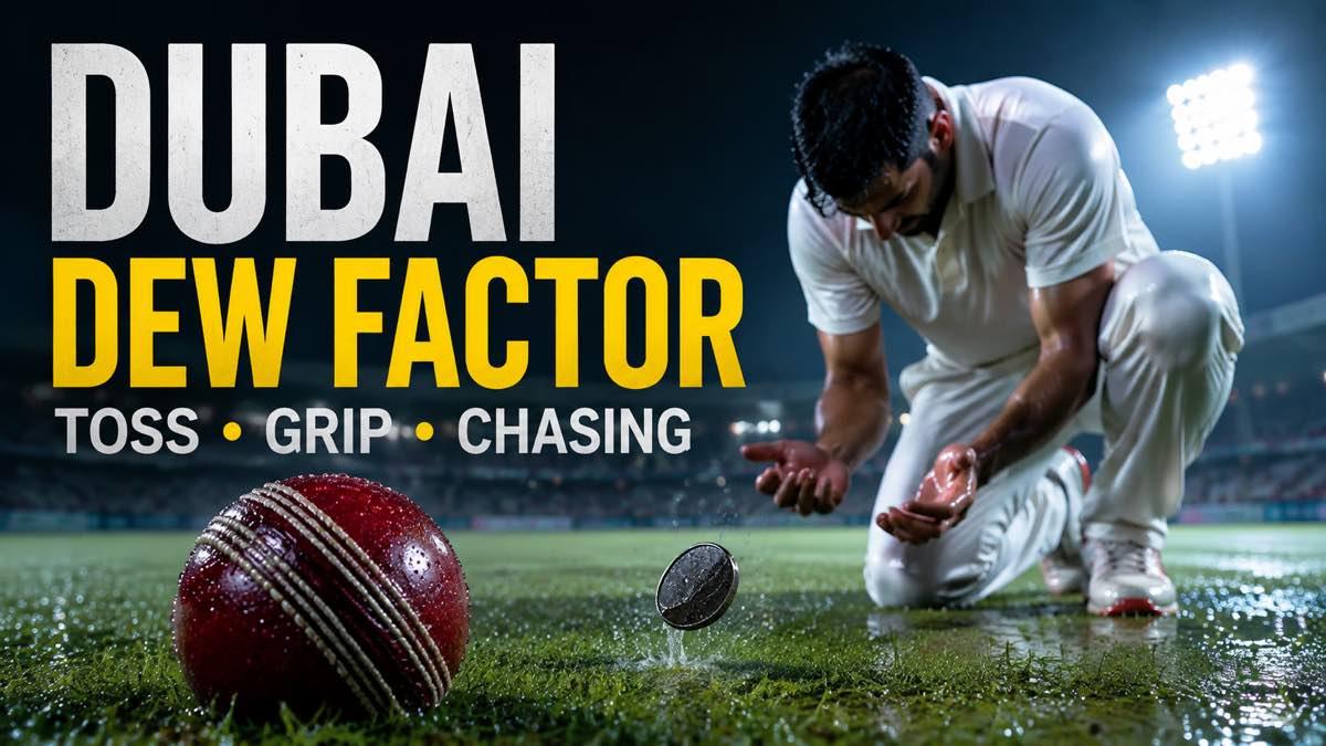 Cricket ball and wet grass under Dubai stadium lights