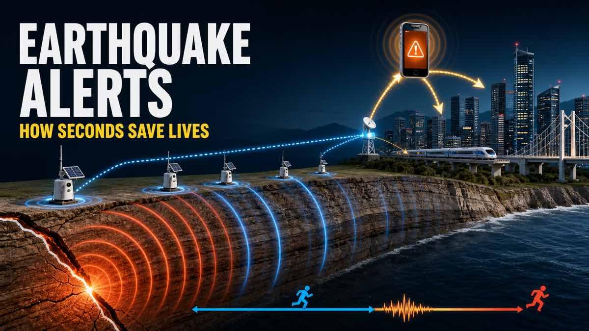 Diagram showing earthquake sensors sending an early warning before strong shaking reaches a city