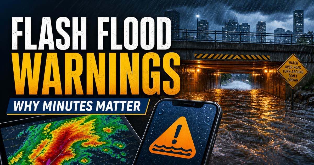 Weather radar and a mobile flash flood warning above a flooded urban road